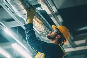 Sho-Me Clean Duct Cleaning—A worker checks the HVAC ducts in a commercial building in Branson, MO.