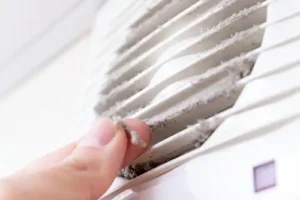 Sho-Me Clean Duct Cleaning—A homeowner’s hand holds dust by the fingers, signifying dirty air ducts in a home in Branson, MO.