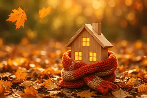Sho-Me Clean Duct Cleaning—A miniature house wrapped in a striped scarf surround by fall leaves in Branson, MO.